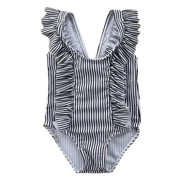 Baby Girl Ruffle Striped Swimsuit One Piece bathing suit Black Size 6-12 months - Picture 1 of 7